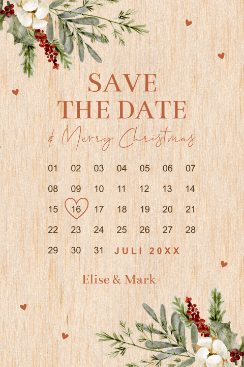 Kerst Save the Date kaart groen kalender botanisch echt hout
