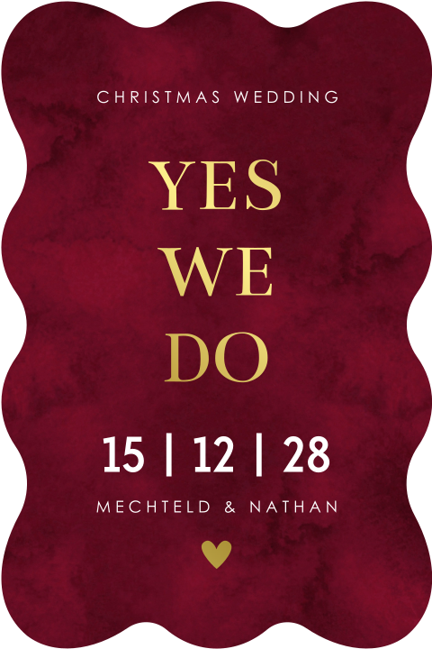 Christmas wedding trouwkaart rood vorm golvend goudfolie