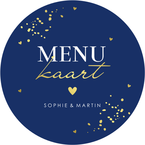 Menukaart bruiloft blauw rond goudfolie