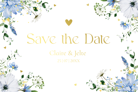 Save the Date uitnodiging veldbloemen blauw goudfolie