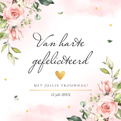 Felicitatie kaart huwelijksjubileum bloemen roze watercolour