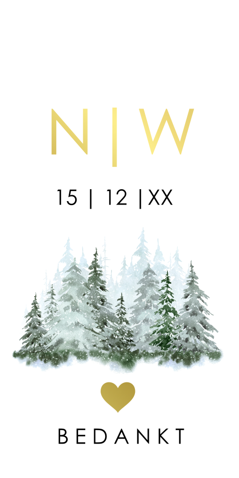 Bruiloft labeltje winter wedding forrest groen goudfolie