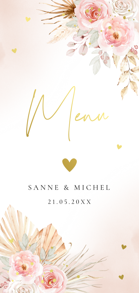 Menukaart langwerpig huwelijk bohemian bloemen goudfolie