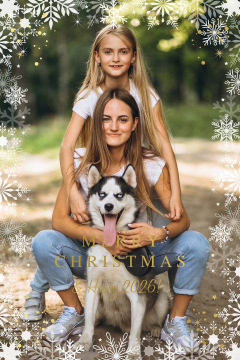 Kerstkaart met foto sneeuwvlokken kader en goudfolie