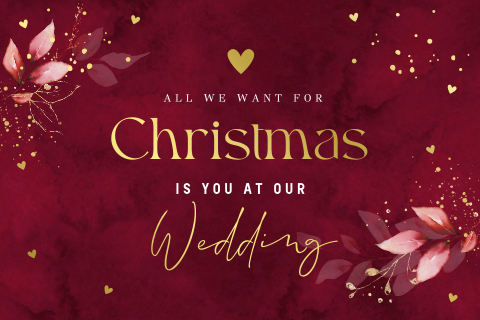 Save the Date kerstkaart rood floral leaves goudfolie
