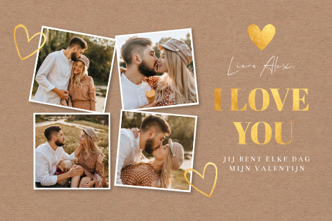Valentijnskaart fotocollage bruin kraft goudlook hartjes