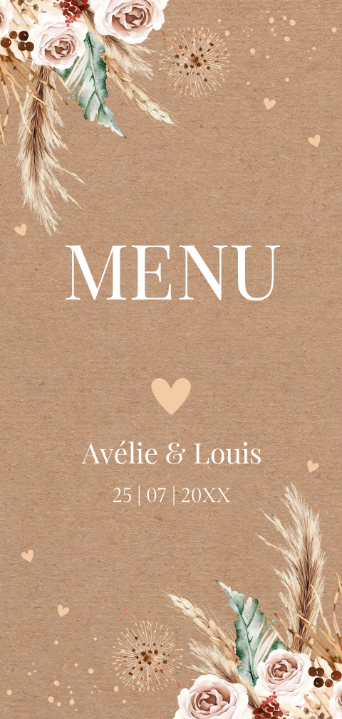 Menukaart huwelijk bohemian boho bloemen kraftlook