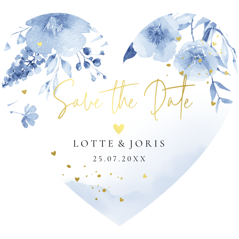Save the Date kaart hartje bloemen watercolour blauw goudfolie