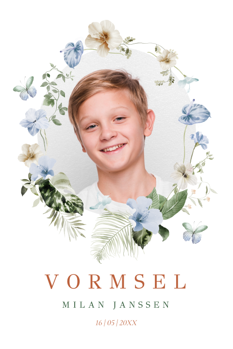 Uitnodiging vormsel jongen tropische bladeren foto rond
