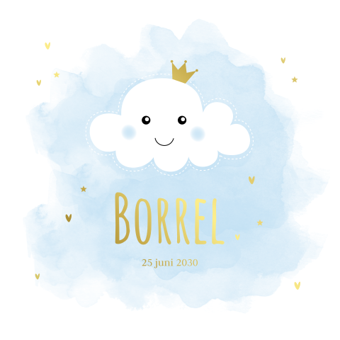 Babyborrelkaartje blauw jongen wolkje goudfolie