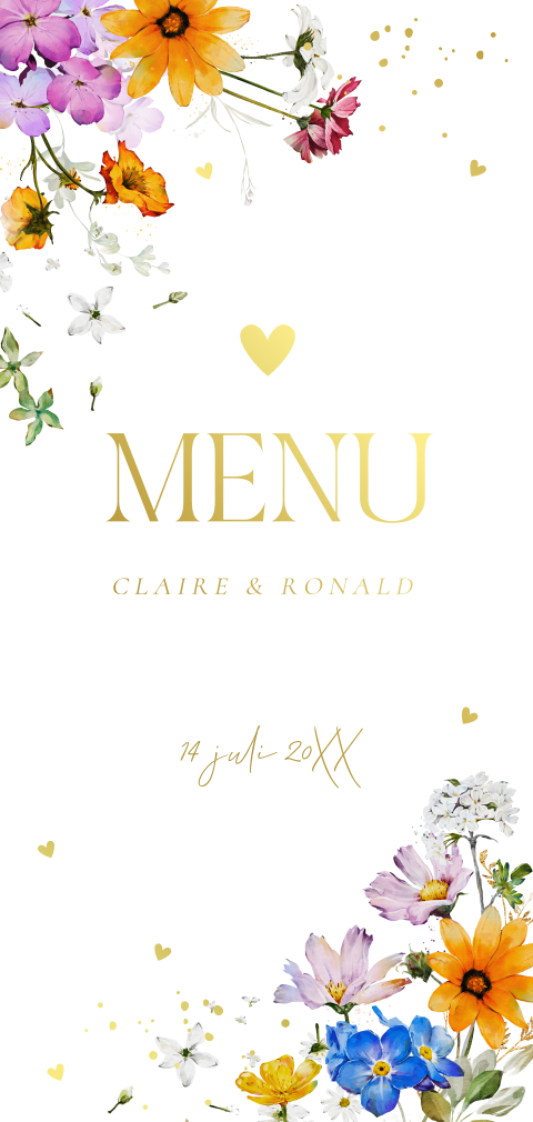 Menukaart langwerpig huwelijk bloemen paars goudfolie