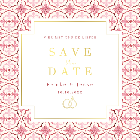Save the Date kaart mediterraans patroon rood roze goudfolie