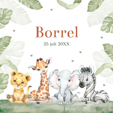 Kraamborrelkaartje vrolijke jungle dieren