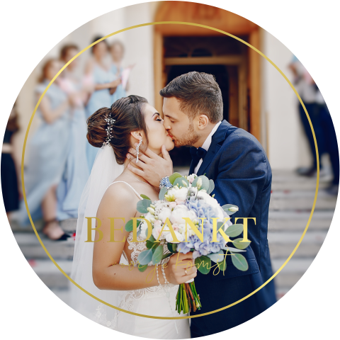 Bedankkaart huwelijk rond eigen foto goudfolie