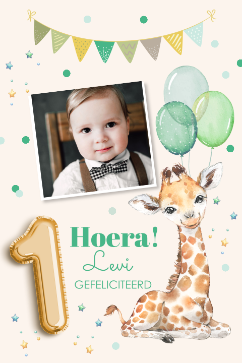 Felicitatie kind 1 jaar jongen foto giraffe ballonnen