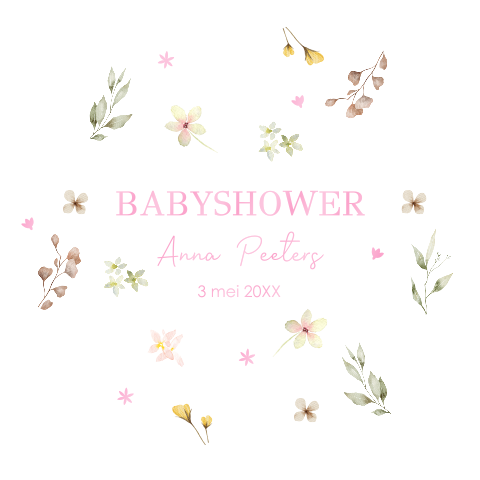 Babyshower uitnodiging bloem hoogglans roze