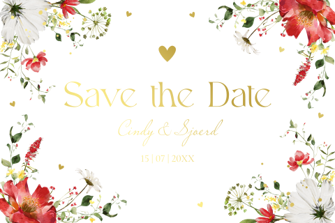 Save the Date kaart bloemen rood goudfolie