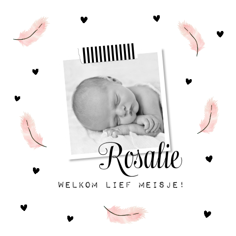 Geboortekaartje meisje roze veertjes eigen foto