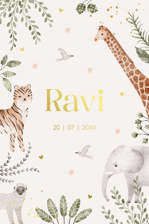 Geboortekaartje jungle dieren wit beige goudfolie