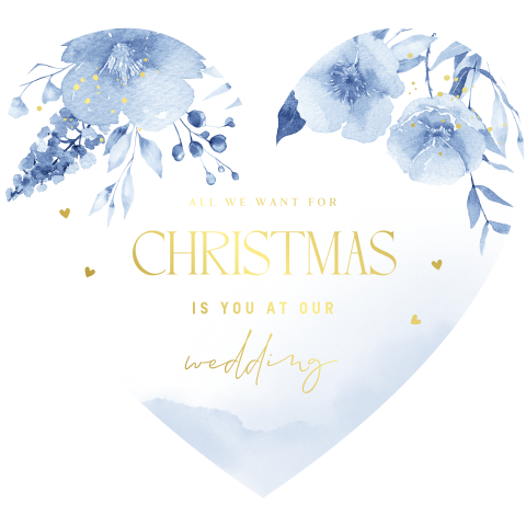 Save the Date kerstkaart hartje bloemen watercolour blauw goudfolie