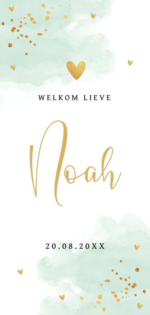 Geboortekaartje waterverf mintgroen goud look hartjes