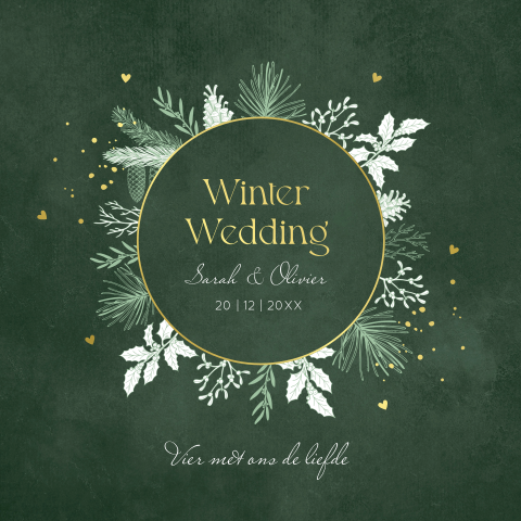 Trouwkaart kerst winterwedding groen botanisch goudfolie