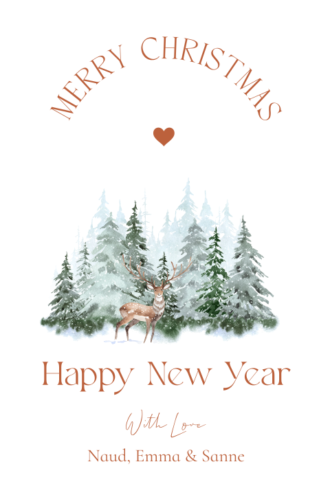 Kerstkaart wit boog kerstbomen winterlandschap groen