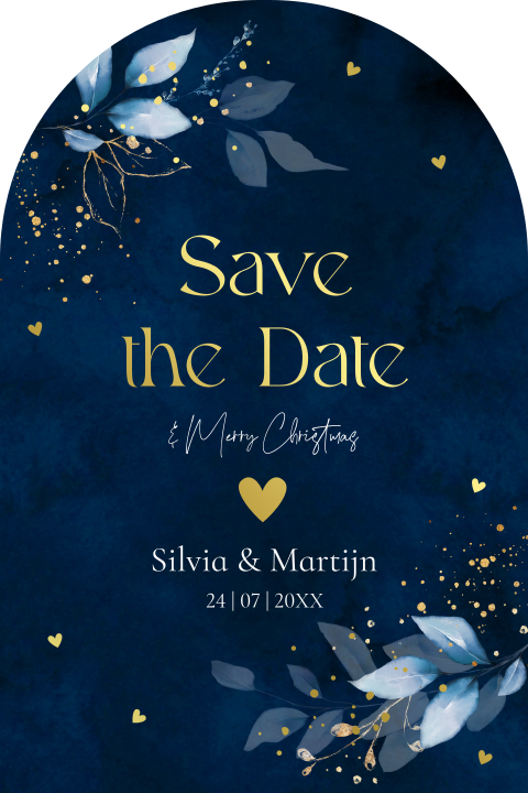 Save the Date kerstkaart blauw botanisch blaadjes boog vorm goudfolie