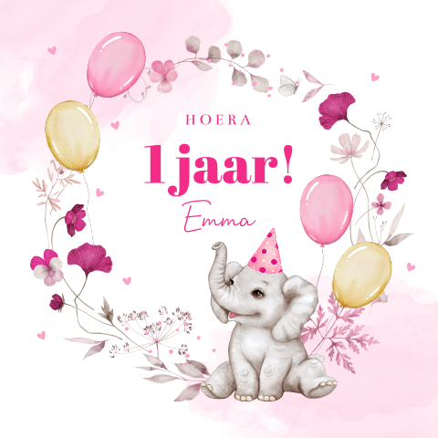 Felicitatie verjaardag meisje 1 jaar olifantje ballonnen bloemen roze