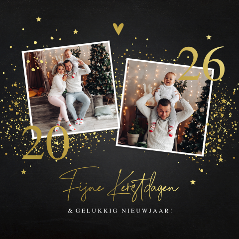 Kerstkaart zwart met foto goudfolie spetters 2026