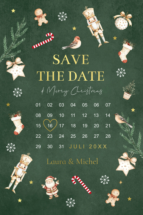 Save the Date kerstkaart groen kalender kerst figuurtjes goudfolie