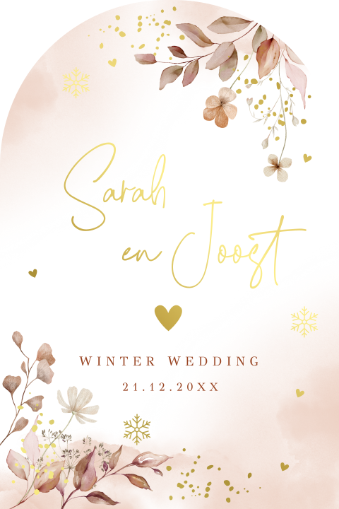 Trouwkaart winter wedding boog bloemen terracotta goudfolie