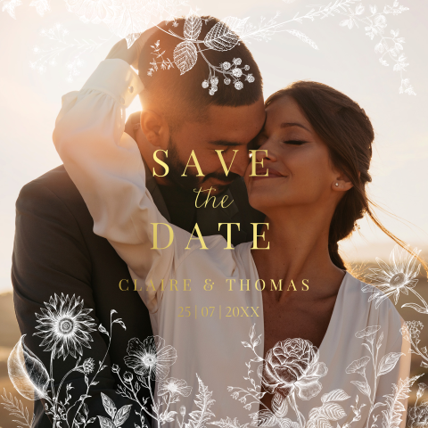 Save the Date kaart eigen foto bloemen wit goudfolie
