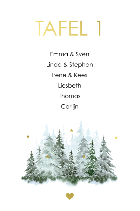 Tafelkaart winter wedding forrest groen goudfolie