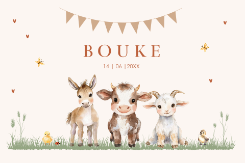 Geboortekaartje boerderij dieren beige