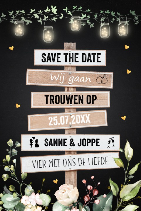 Save the Date kaart zwart houten wegwijzer bloemen lampjes