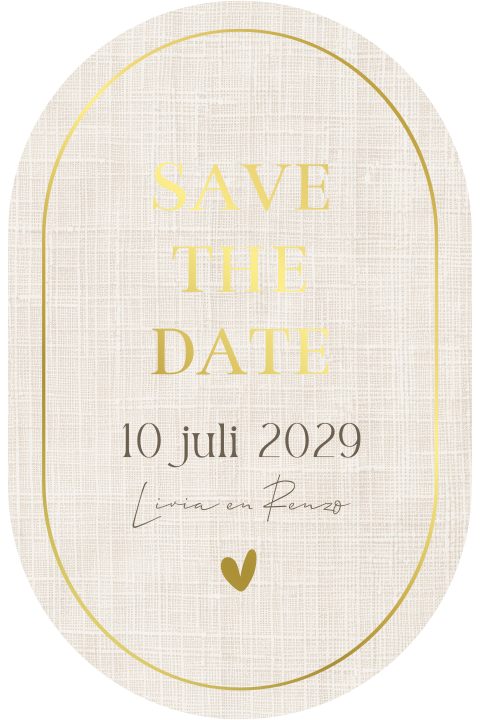 Save the Date kaart ovaal wit linnenlook goudfolie