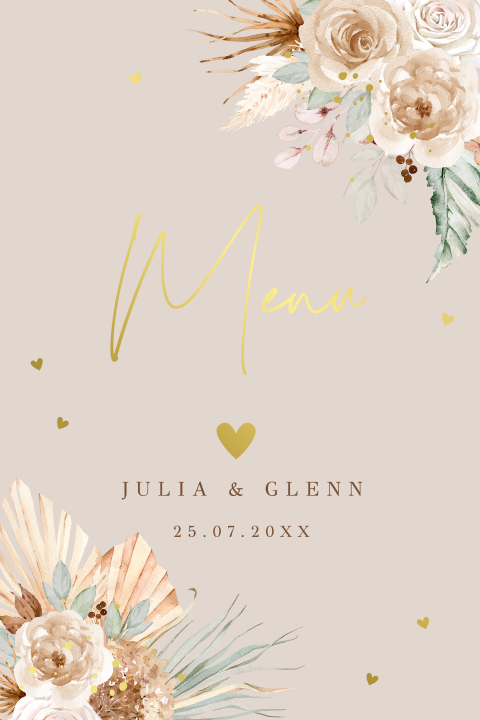 Menukaart huwelijk bohemian bloemen beige goudfolie