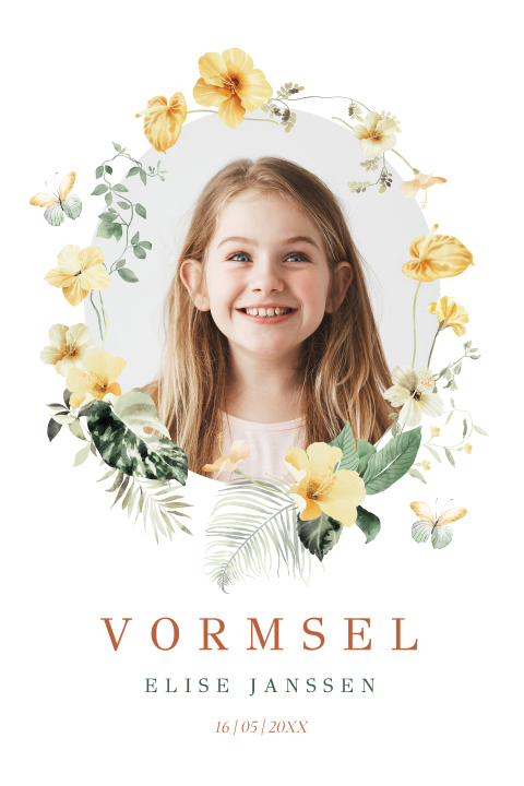 Uitnodiging vormsel tropische bladeren vlinders foto rond