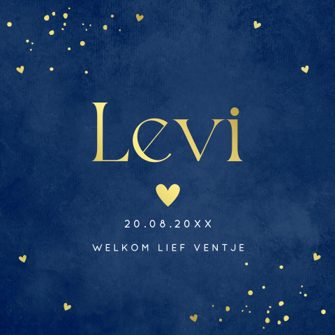Geboortekaartje jongen blauw hartje spetters goudfolie