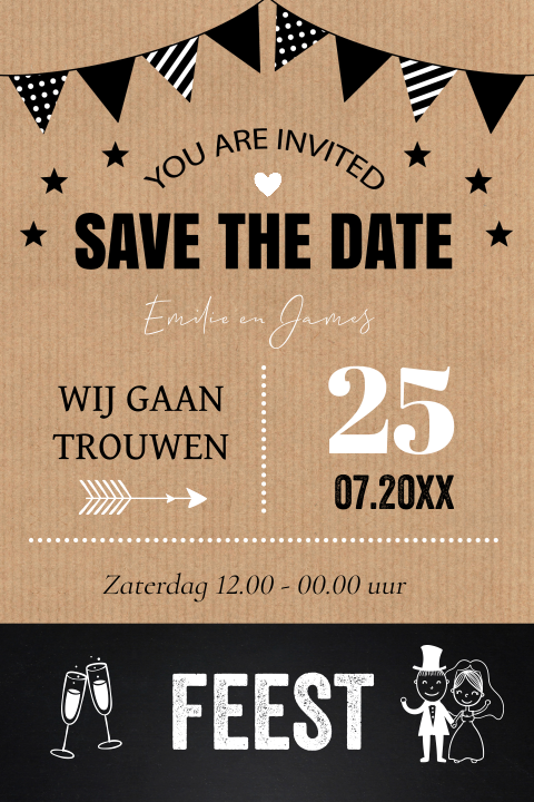 Save the date uitnodiging kraft typografie slinger