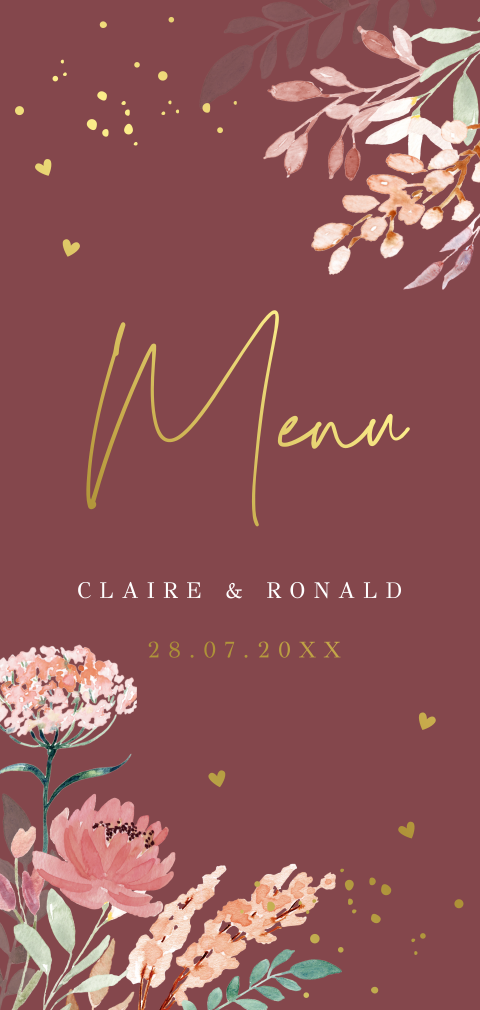 Menukaart huwelijk watercolour bloemen roze plum goudfolie