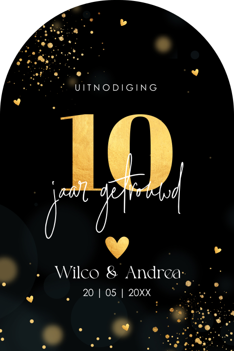 Jubileum uitnodiging 10 jaar getrouwd zwart boog goudlook