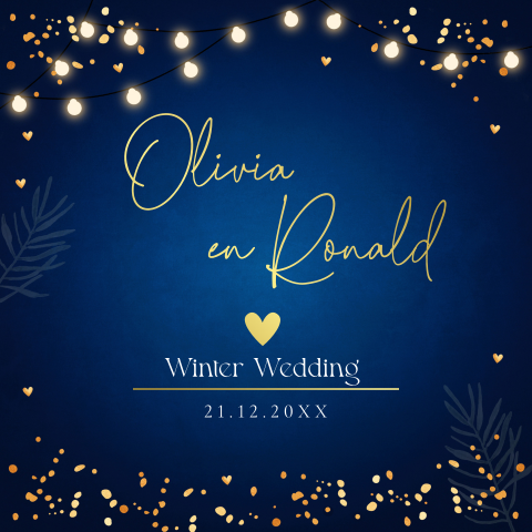 Trouwkaart kerst winter wedding blauw lampjes goudfolie