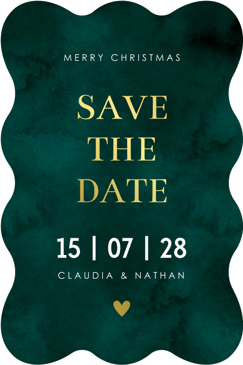 Save the Date kerstkaart originele vorm golvend donkergroen goudfolie