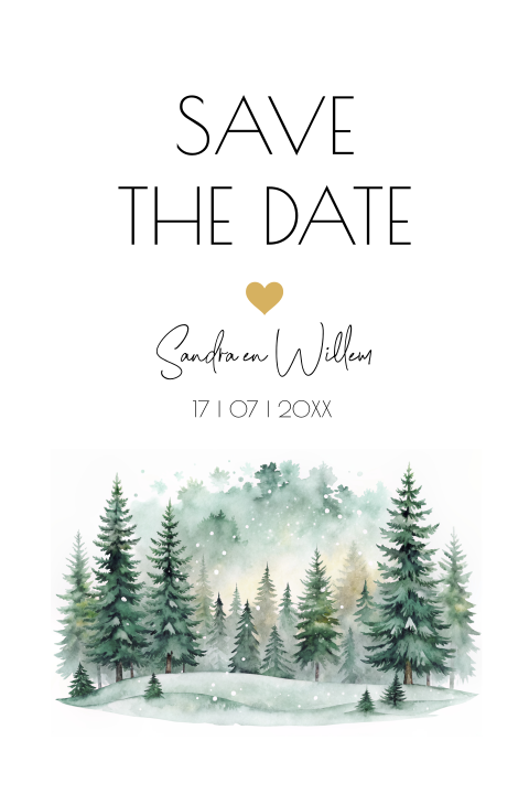 Save the Date kerstkaart winterlandschap bomen wit boog