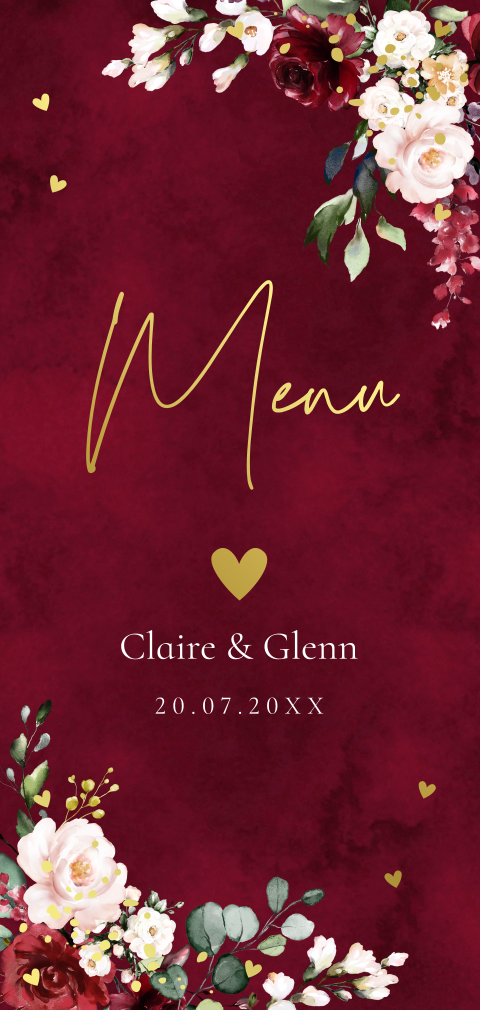 Menukaart bruiloft rood langwerpig bloemen goudfolie