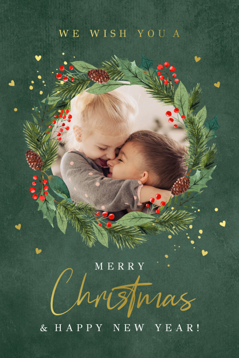 Kerstkaart met foto groen kerstkrans goudfolie