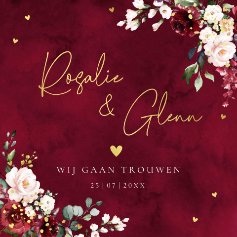Trouwkaart rood bloemen rozen goudfolie
