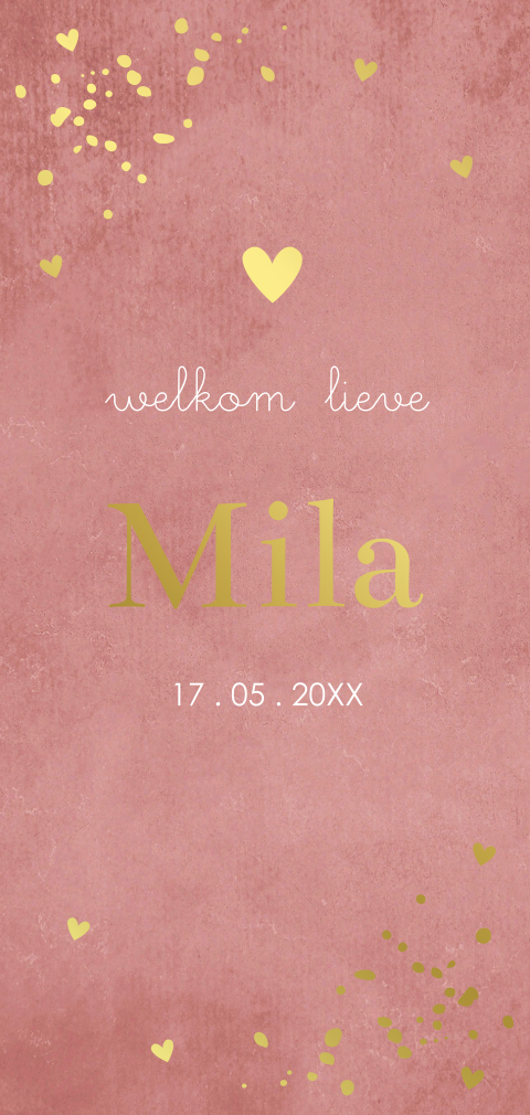 Geboortekaartje meisje roze langwerpig hartje goudfolie
